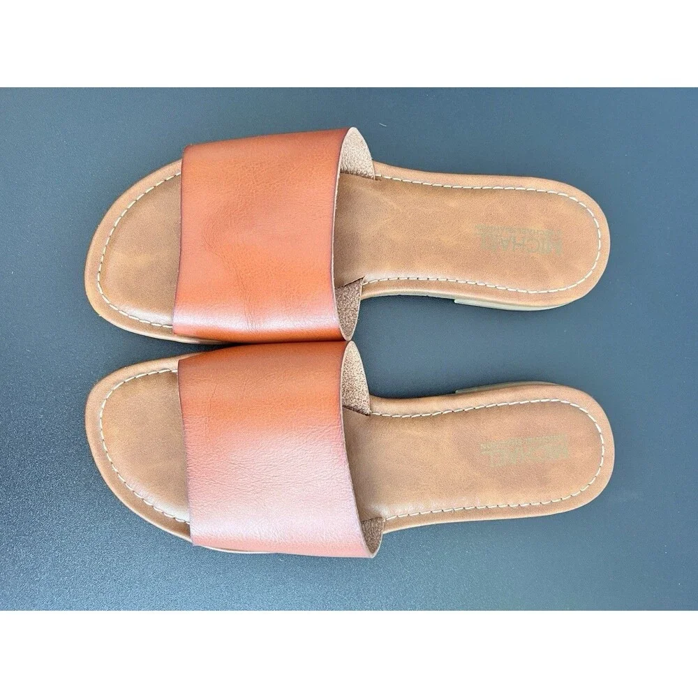 Women’s Michael By Michael Shannon Size 9 Tan Cognac Brown Slide Sandal Flat ￼